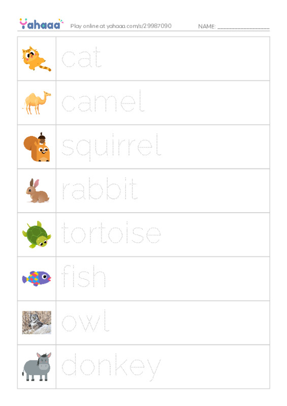 Picture and word rows worksheet for Animals Around Us