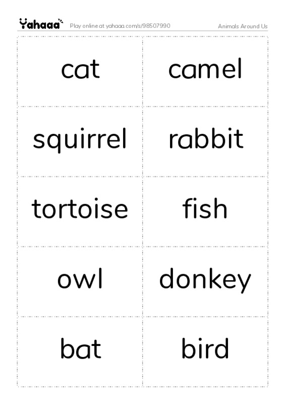 Word flashcards worksheet for Animals Around Us