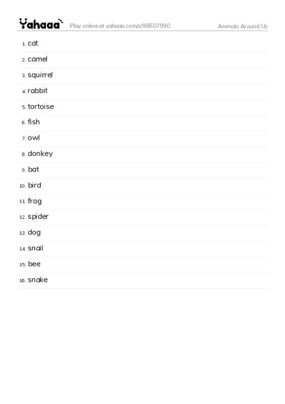 Word list with meanings worksheet for Animals Around Us