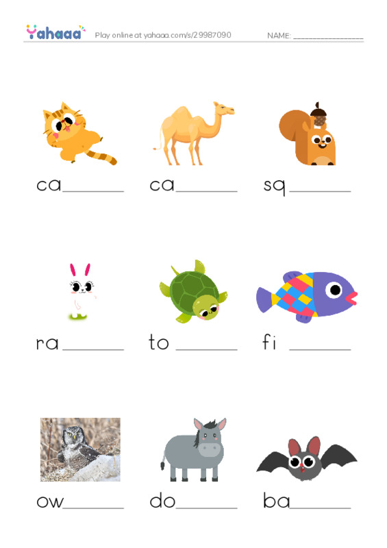 Finish the word worksheet for Animals Around Us