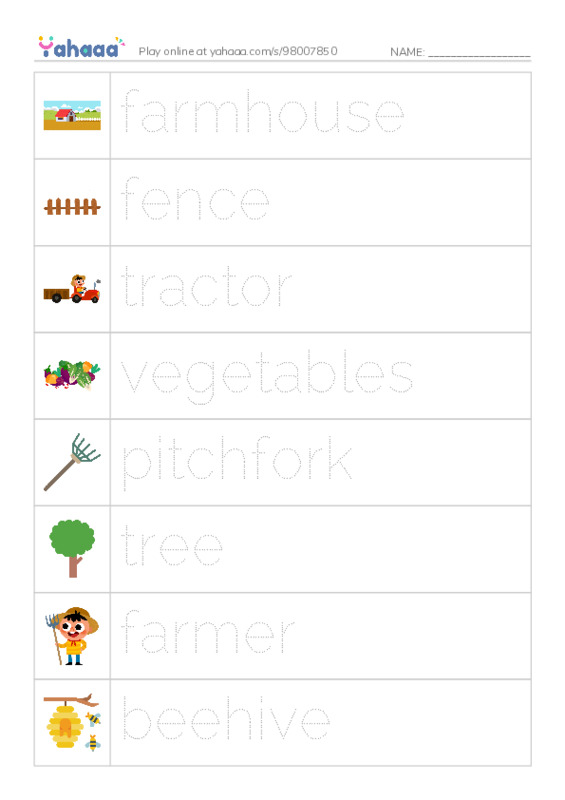 Picture and word rows worksheet for Farm