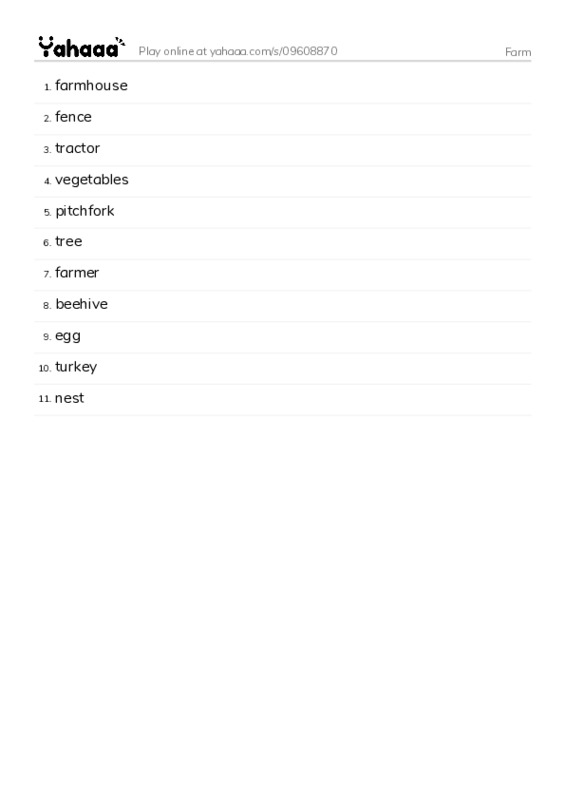 Word list with meanings worksheet for Farm