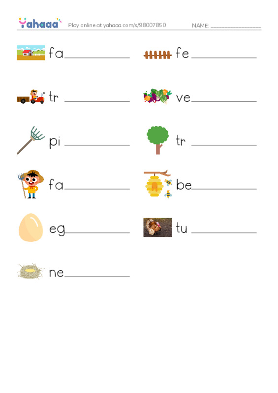 Write the word rows worksheet for Farm