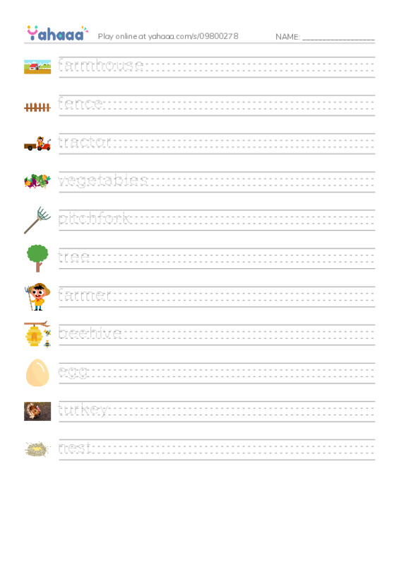 Handwriting lines worksheet for Farm
