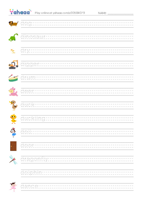 Words in D PDF write between the lines worksheet