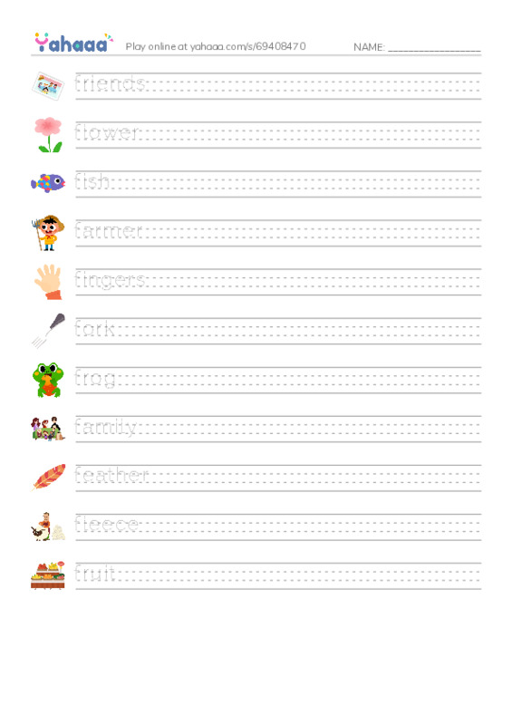 Words in F PDF write between the lines worksheet