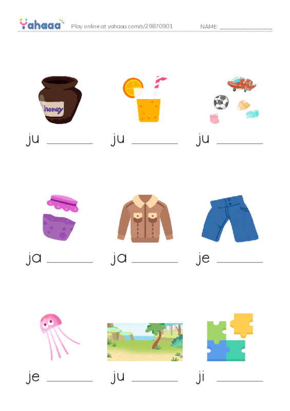J words PDF worksheet to fill in words gaps