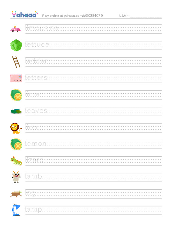 Words in L PDF write between the lines worksheet