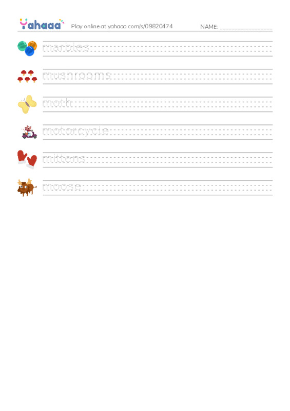 Words in M PDF write between the lines worksheet