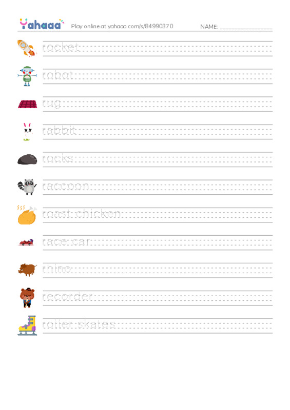 Words in R PDF write between the lines worksheet