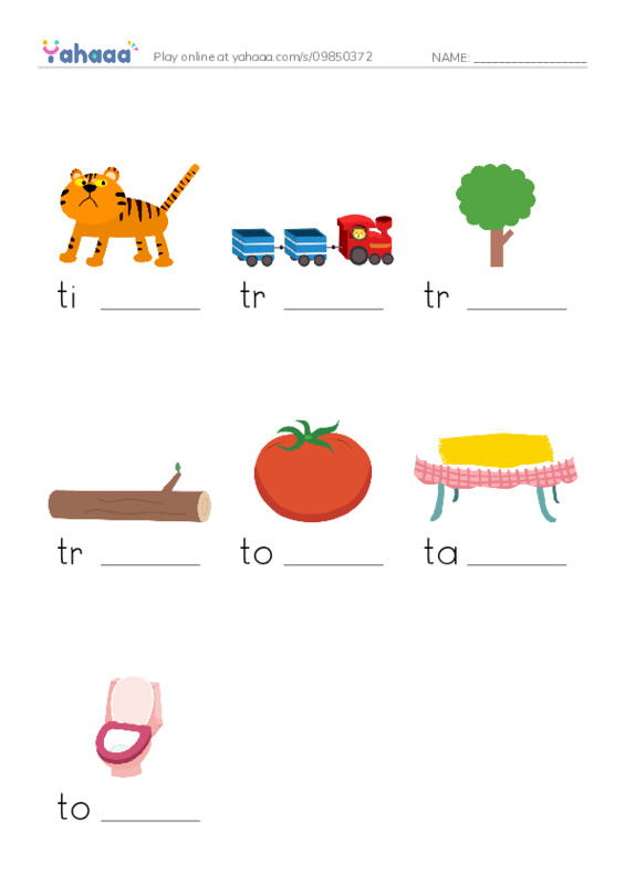 Words in T PDF worksheet to fill in words gaps