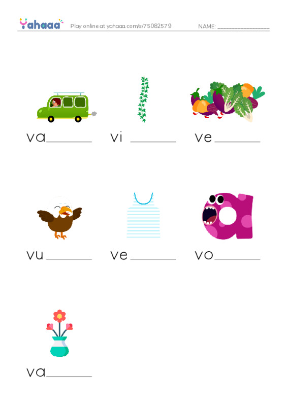 V words PDF worksheet to fill in words gaps