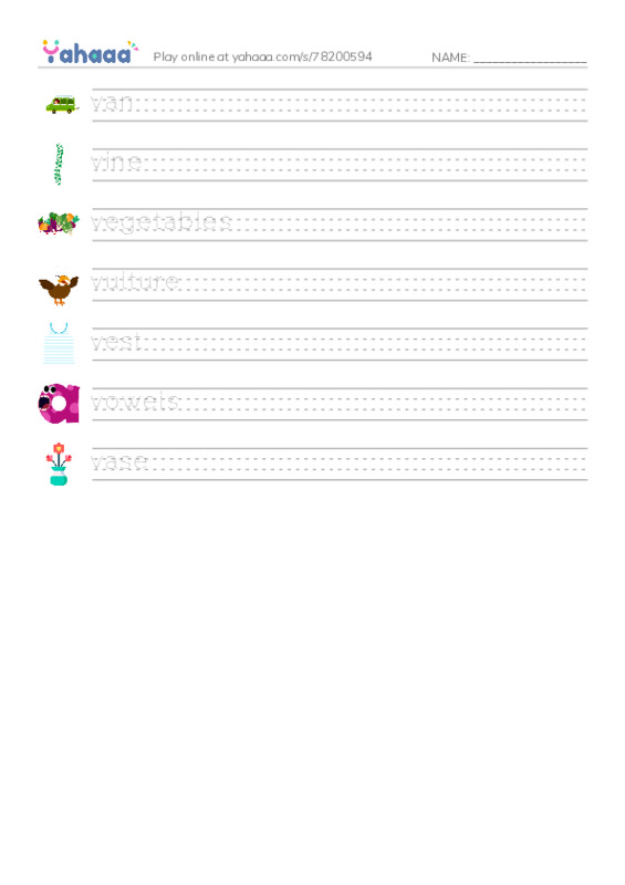 V words PDF write between the lines worksheet