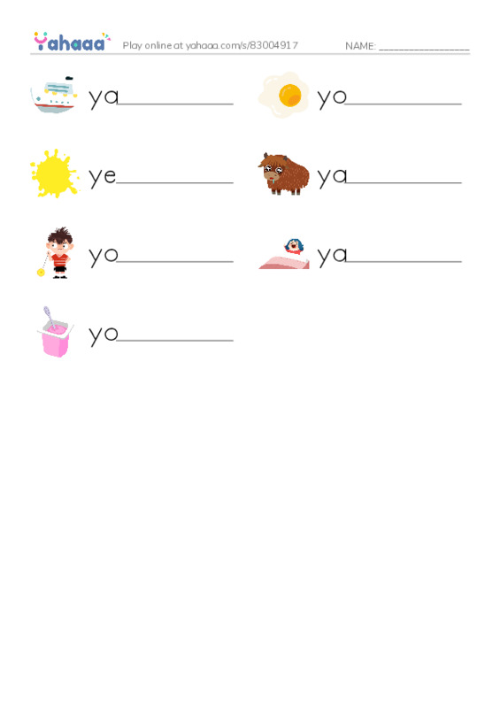 Y words PDF worksheet writing row