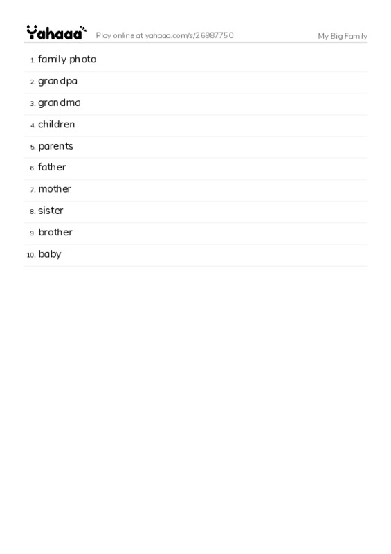 My Big Family PDF words glossary