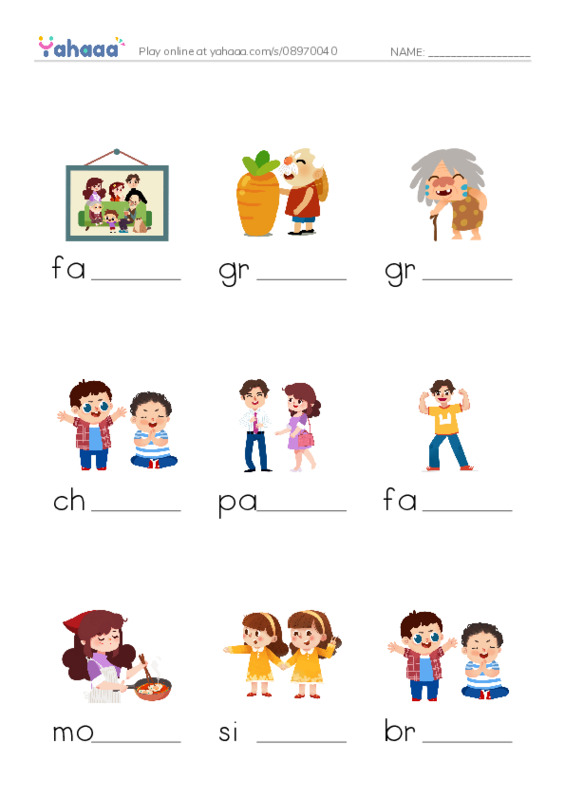 My Big Family PDF worksheet to fill in words gaps