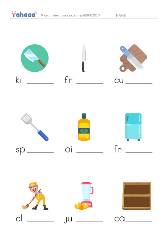 Kitchen PDF worksheet to fill in words gaps
