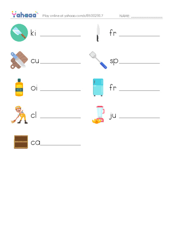 Kitchen PDF worksheet writing row