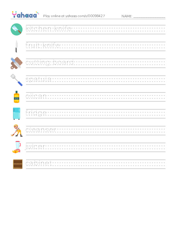 Kitchen PDF write between the lines worksheet