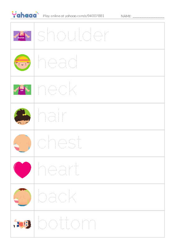 Picture and word rows worksheet for My Body