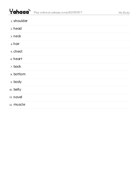Word list with meanings worksheet for My Body