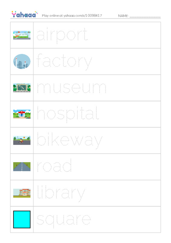 Picture and word rows worksheet for Places 1