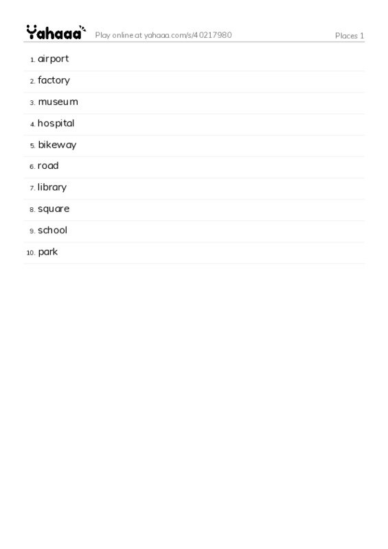 Word list with meanings worksheet for Places 1