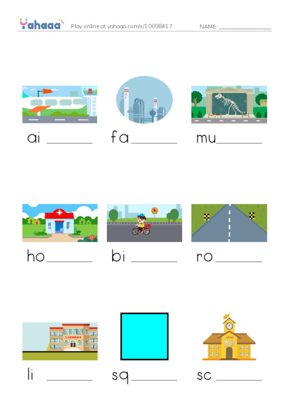 Finish the word worksheet for Places 1