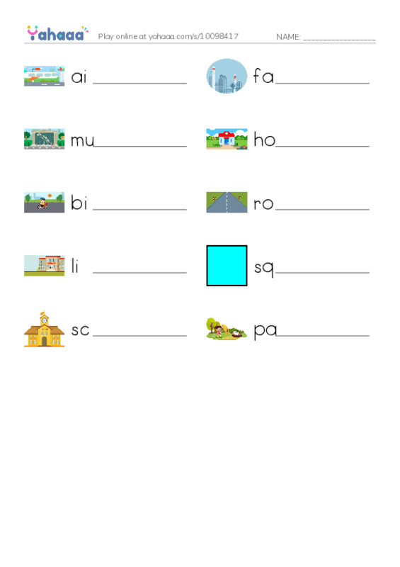 Write the word rows worksheet for Places 1
