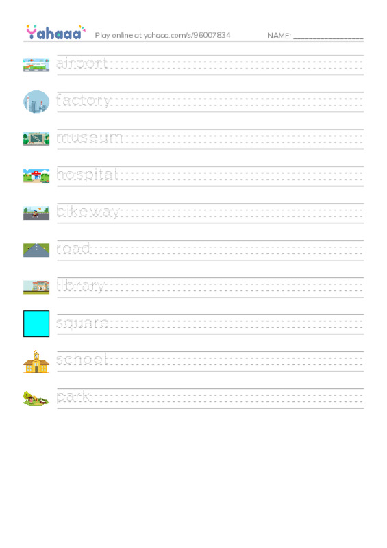 Handwriting lines worksheet for Places 1