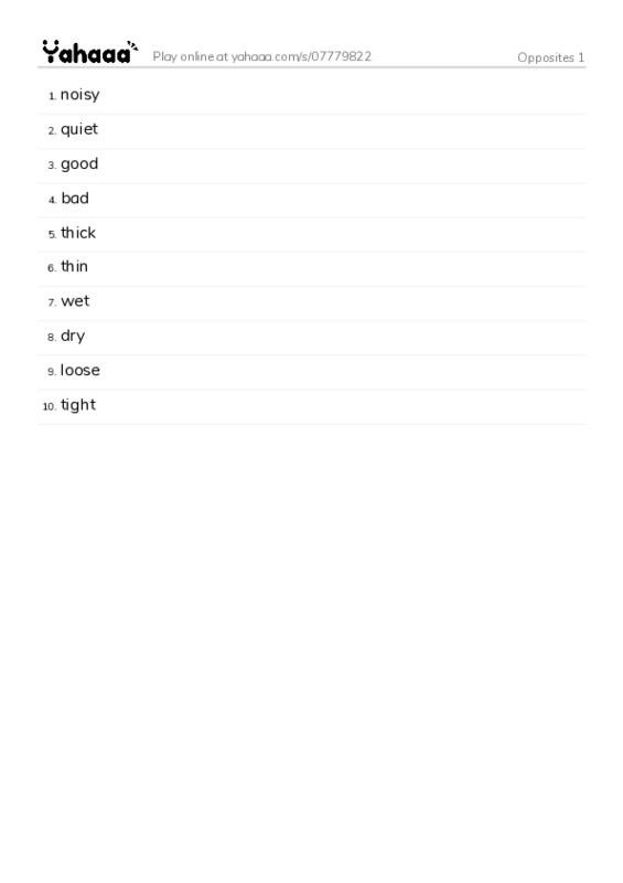 Word list with meanings worksheet for Opposites 1