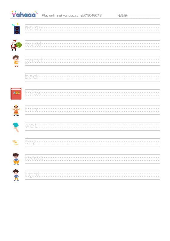 Handwriting lines worksheet for Opposites 1