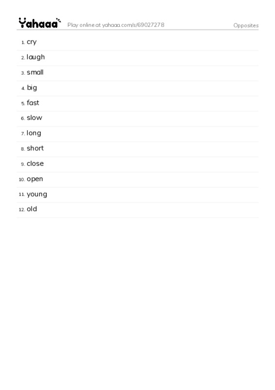 Opposites vocabulary PDF words glossary