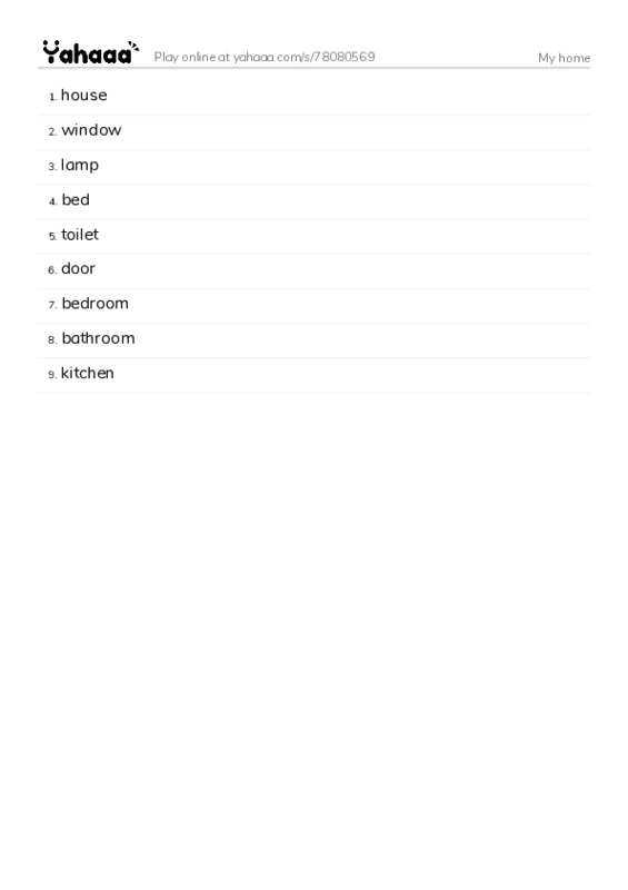 Word list with meanings worksheet for My home