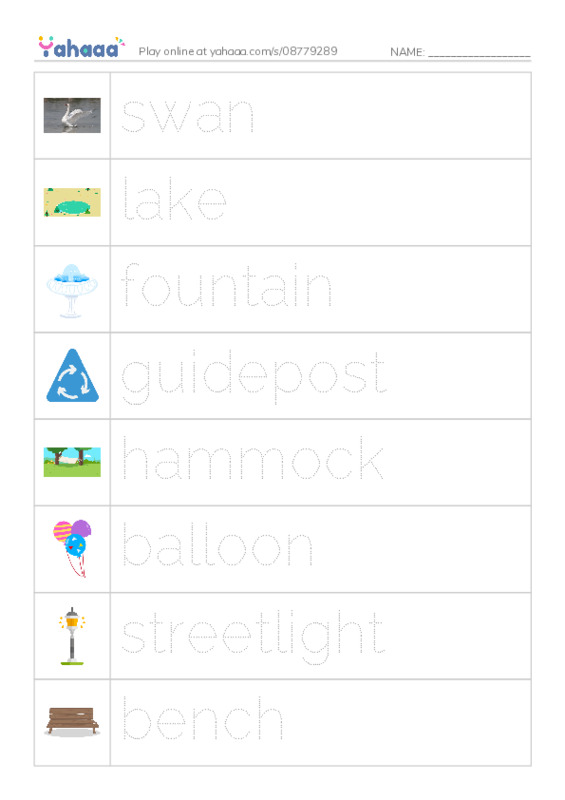Picture and word rows worksheet for Things in the park