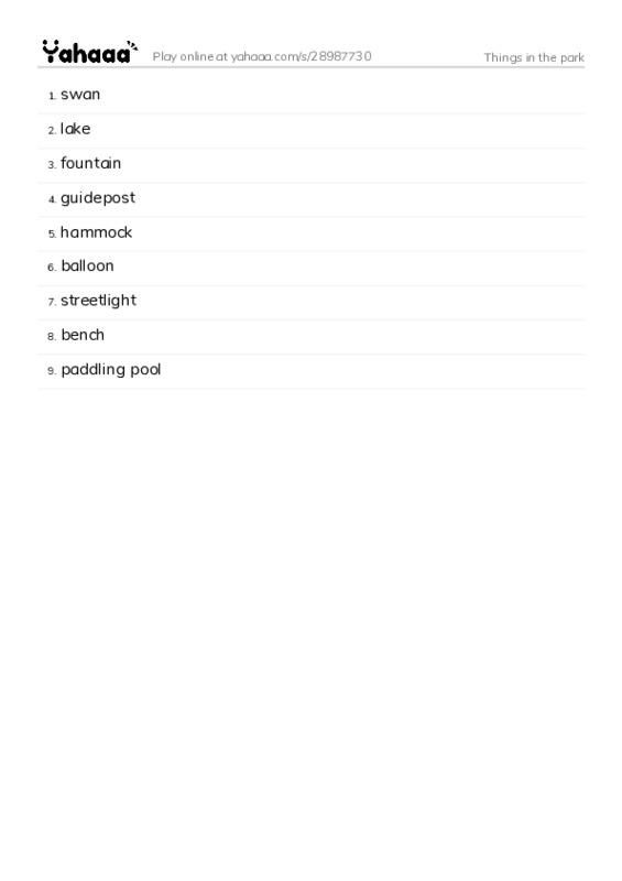Word list with meanings worksheet for Things in the park