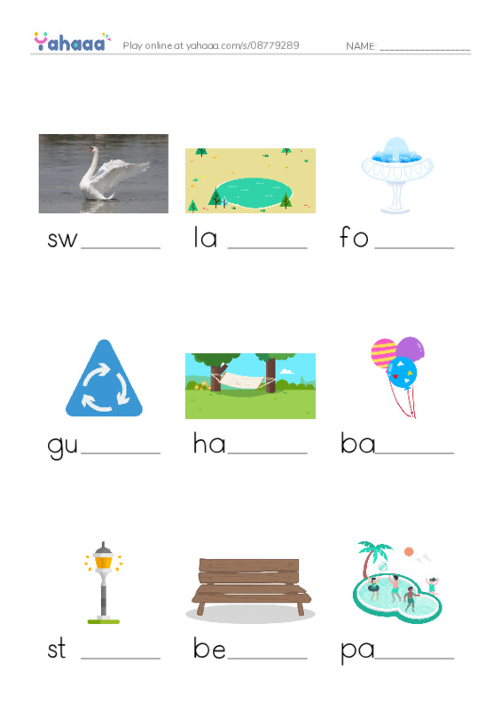 Finish the word worksheet for Things in the park