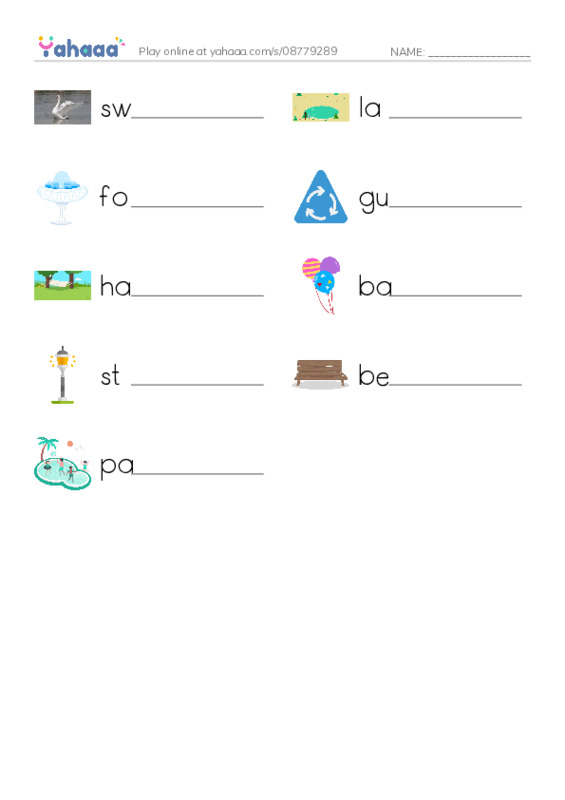 Write the word rows worksheet for Things in the park