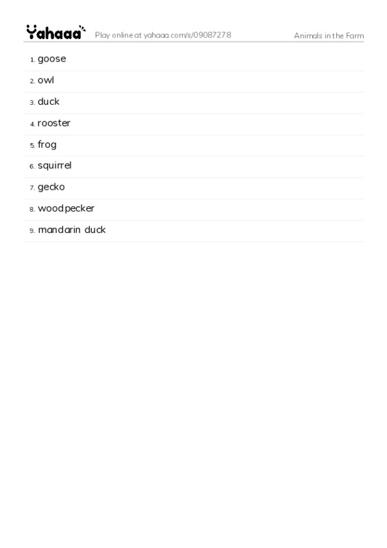 Animals in the Farm PDF words glossary