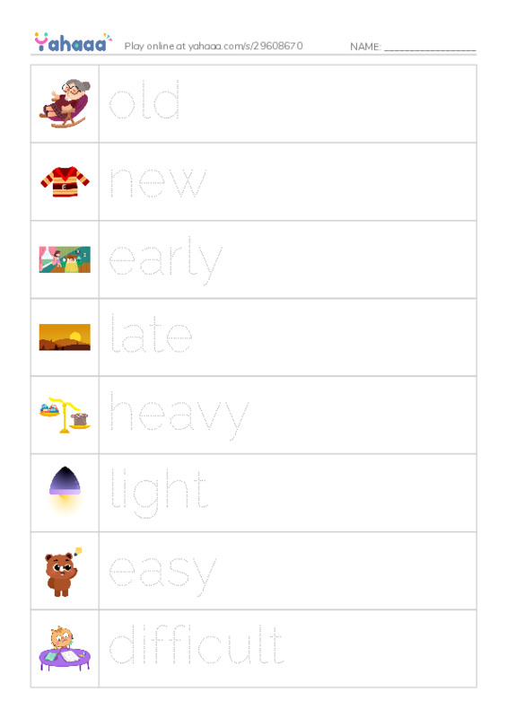 Picture and word rows worksheet for Opposites 2
