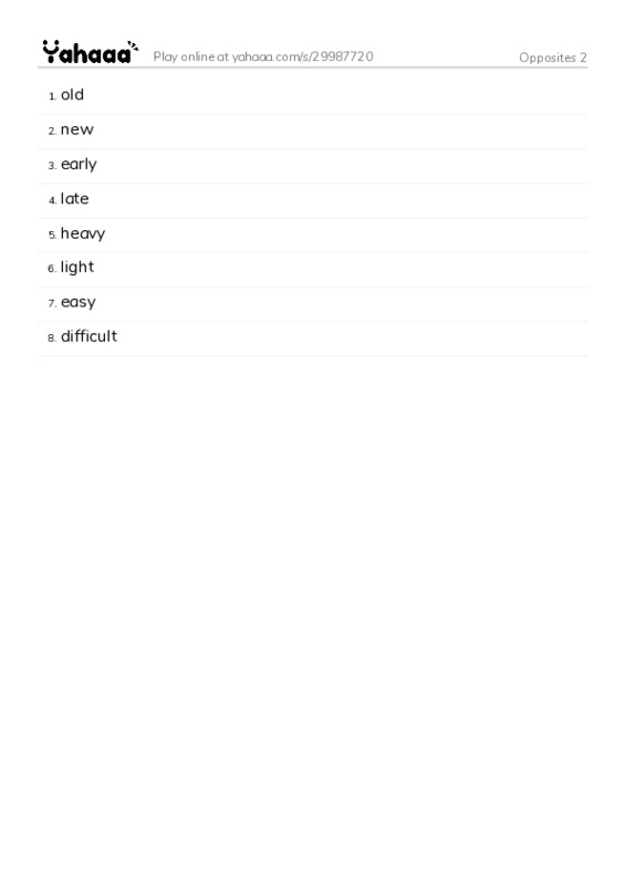 Word list with meanings worksheet for Opposites 2