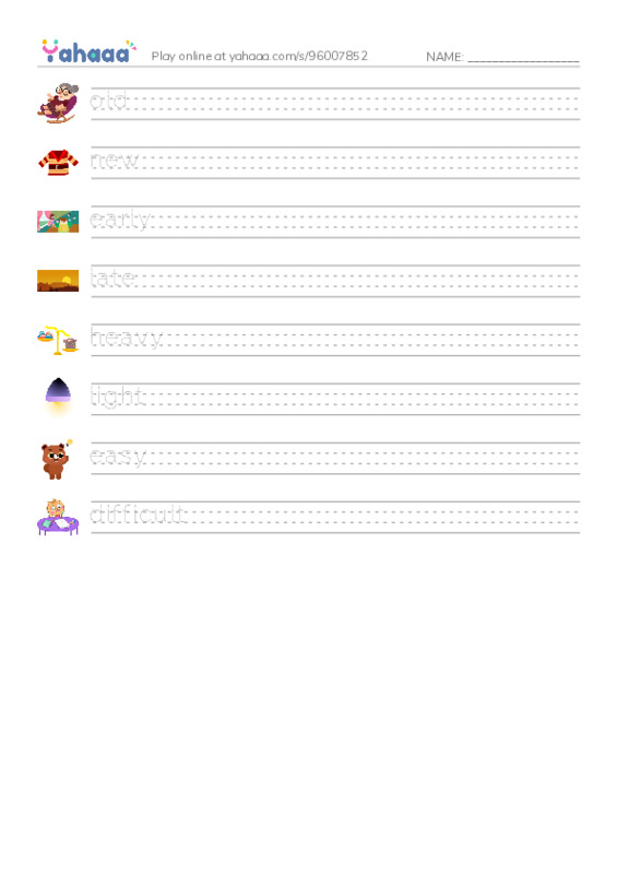 Handwriting lines worksheet for Opposites 2