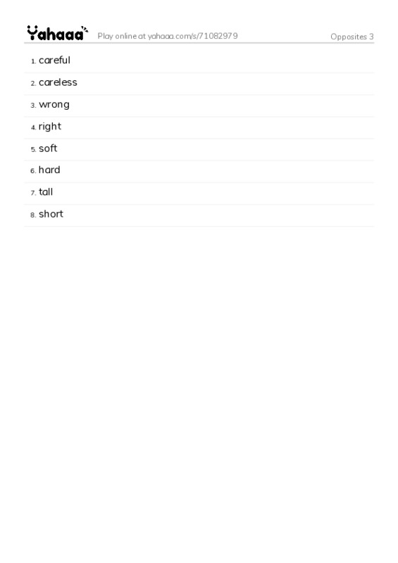 Word list with meanings worksheet for Opposites 3