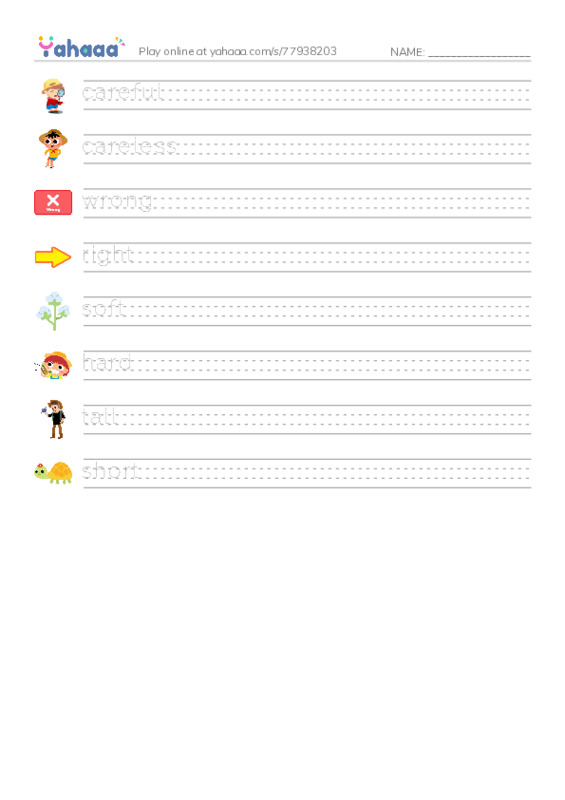 Handwriting lines worksheet for Opposites 3