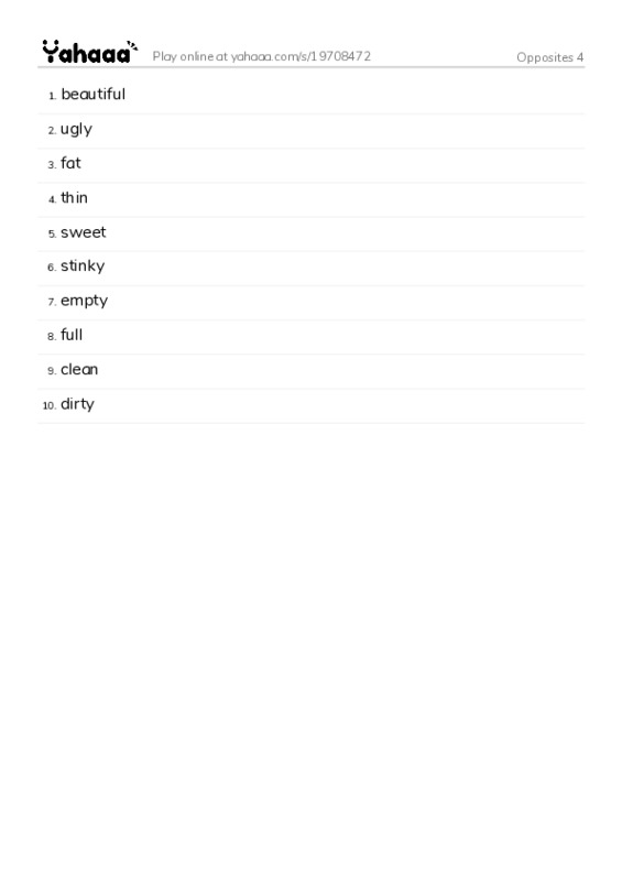 Word list with meanings worksheet for Opposites 4
