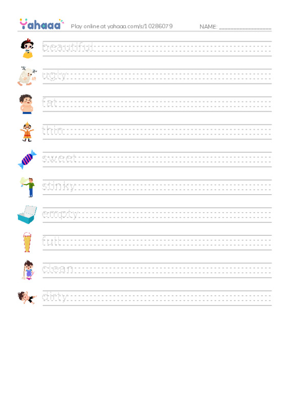 Handwriting lines worksheet for Opposites 4