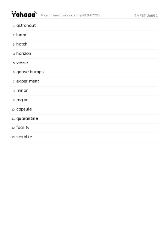 Word list with meanings worksheet for 4A FET Unit6 1