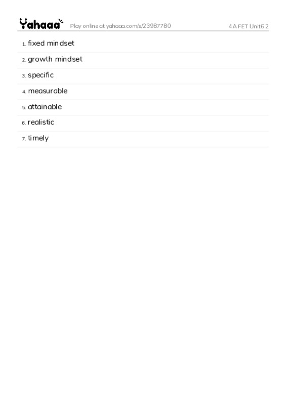 Word list with meanings worksheet for 4A FET Unit6 2