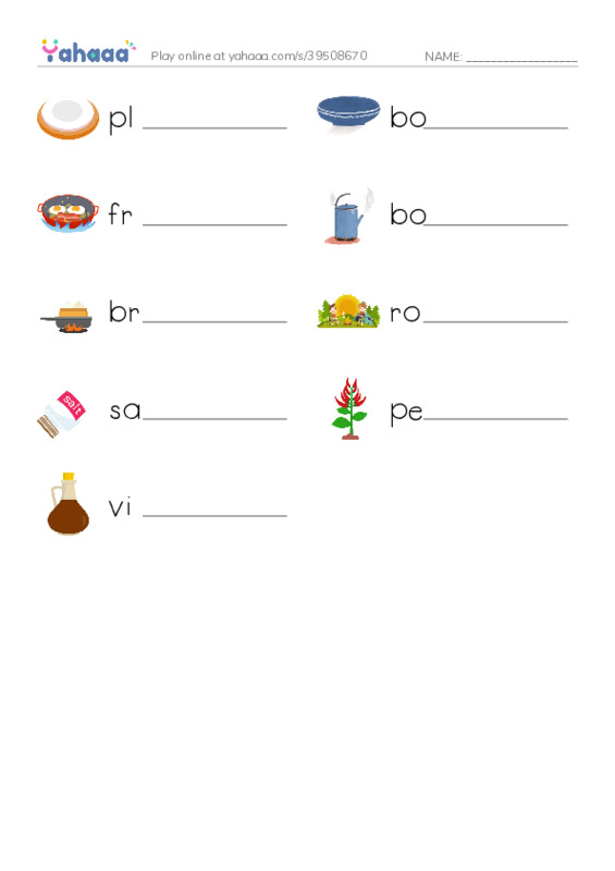 Kitchen PDF worksheet writing row