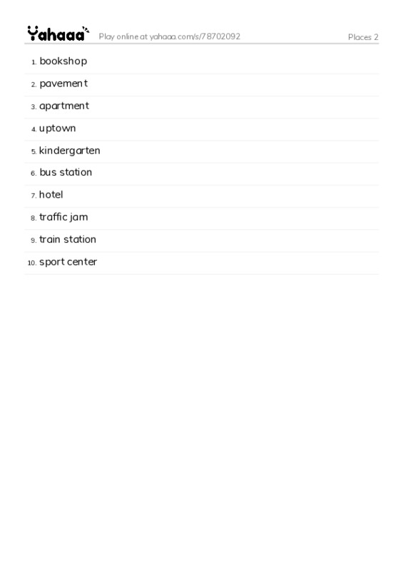 Word list with meanings worksheet for Places 2
